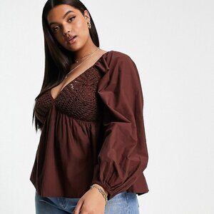 ASOS DESIGN v neck crochet top with frill sleeve and peplum hem in chocolate